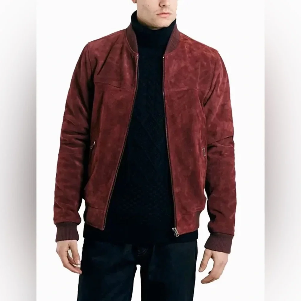 🌟 Sleek Burgundy 100% Goatskin Suede Bomber Jacket by Blank NYC 🌟